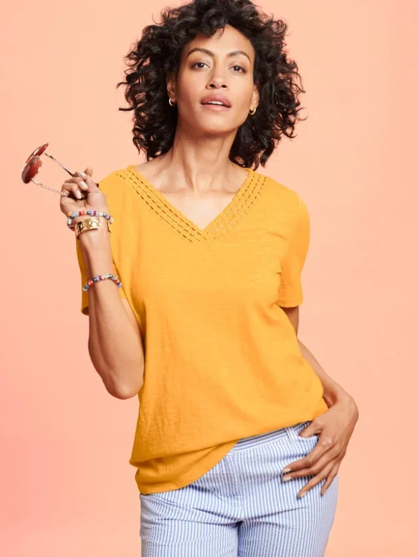 Crochet Trim V-Neck Tee
