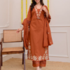 Terracotta Rose Threadwork Cotton Kurtha Pant Set With Dupatta
