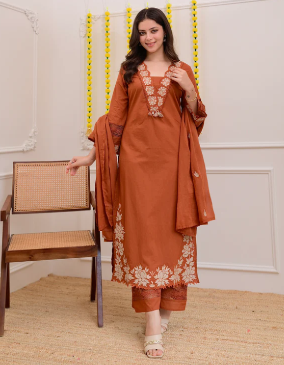 Terracotta Rose Threadwork Cotton Kurtha Pant Set With Dupatta