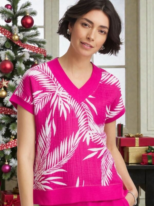 Leaf Printed V Neck T-Shirt