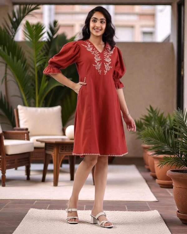 V-Neck Floral Embroidered Dress