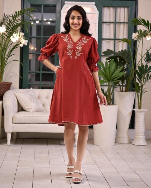 V-Neck Floral Embroidered Dress