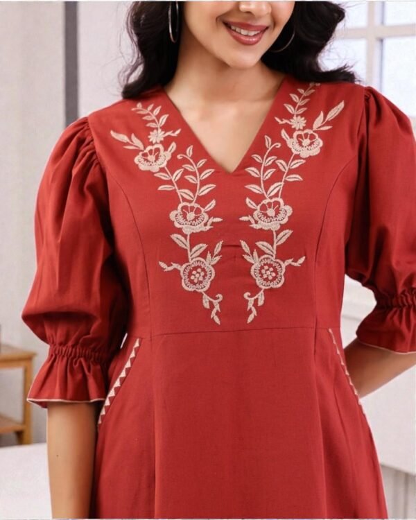 V-Neck Floral Embroidered Dress