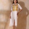 Women White Cotton Slub Embroidered Button Down Shirt Maxi Dress