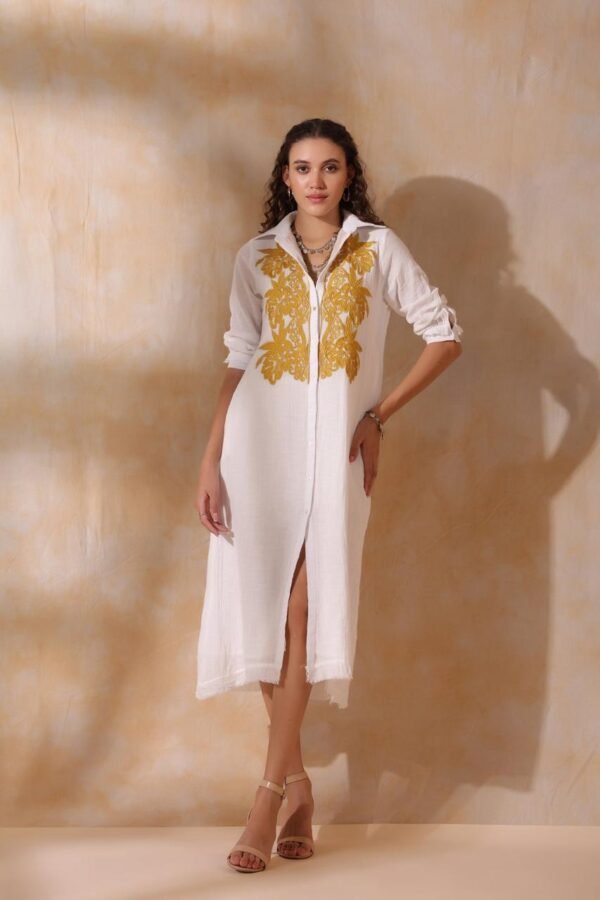 Women White Cotton Slub Embroidered Button Down Shirt Maxi Dress