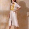 Women White Cotton Slub Embroidered Button Down Shirt Maxi Dress
