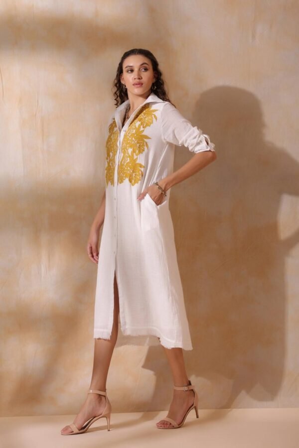 Women White Cotton Slub Embroidered Button Down Shirt Maxi Dress