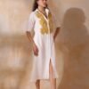 Women White Cotton Slub Embroidered Button Down Shirt Maxi Dress