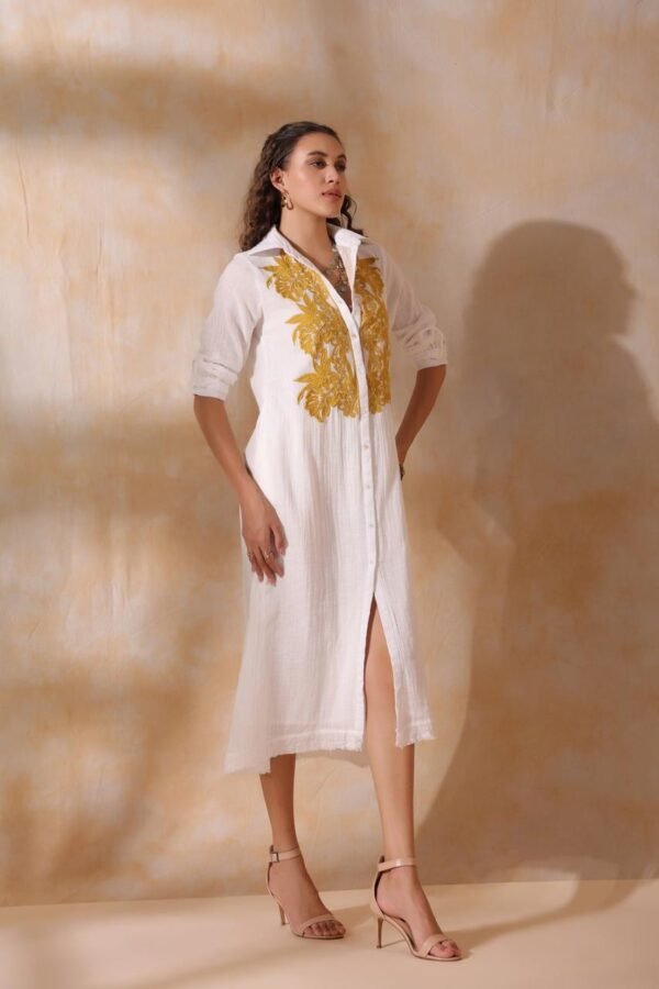 Women White Cotton Slub Embroidered Button Down Shirt Maxi Dress