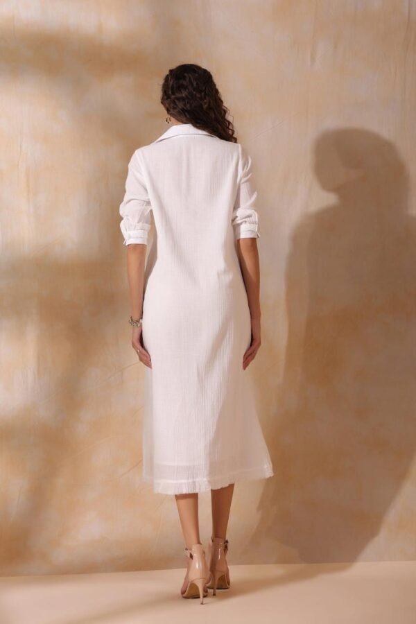 Women White Cotton Slub Embroidered Button Down Shirt Maxi Dress