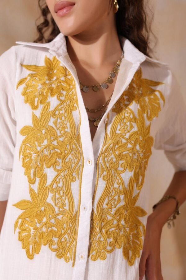 Women White Cotton Slub Embroidered Button Down Shirt Maxi Dress