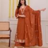 Terracotta Rose Threadwork Cotton Kurtha Pant Set With Dupatta