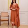 Terracotta Rose Threadwork Cotton Kurtha Pant Set With Dupatta