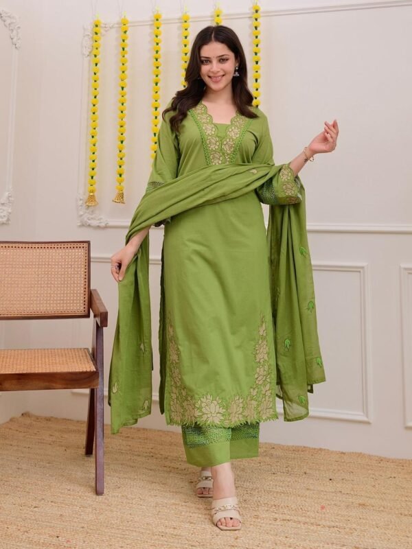 Gazal Green Premium Cotton Embroidered Kurta Pant Set With Dupatta