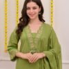 Gazal Green Premium Cotton Embroidered Kurta Pant Set With Dupatta