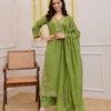 Gazal Green Premium Cotton Embroidered Kurta Pant Set With Dupatta