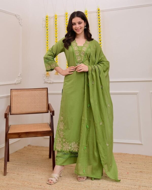 Gazal Green Premium Cotton Embroidered Kurta Pant Set With Dupatta