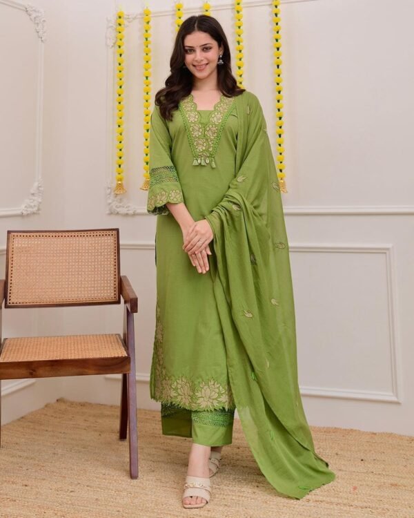 Gazal Green Premium Cotton Embroidered Kurta Pant Set With Dupatta