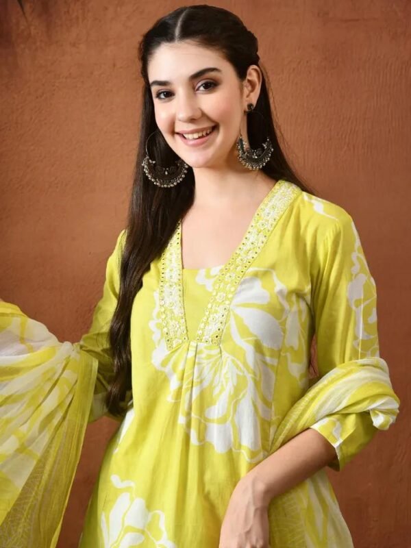 Floral Printed Thread Work Pure Cotton Straight Kurta With Palazzos & Dupatta