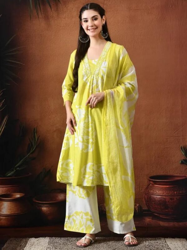 Floral Printed Thread Work Pure Cotton Straight Kurta With Palazzos & Dupatta