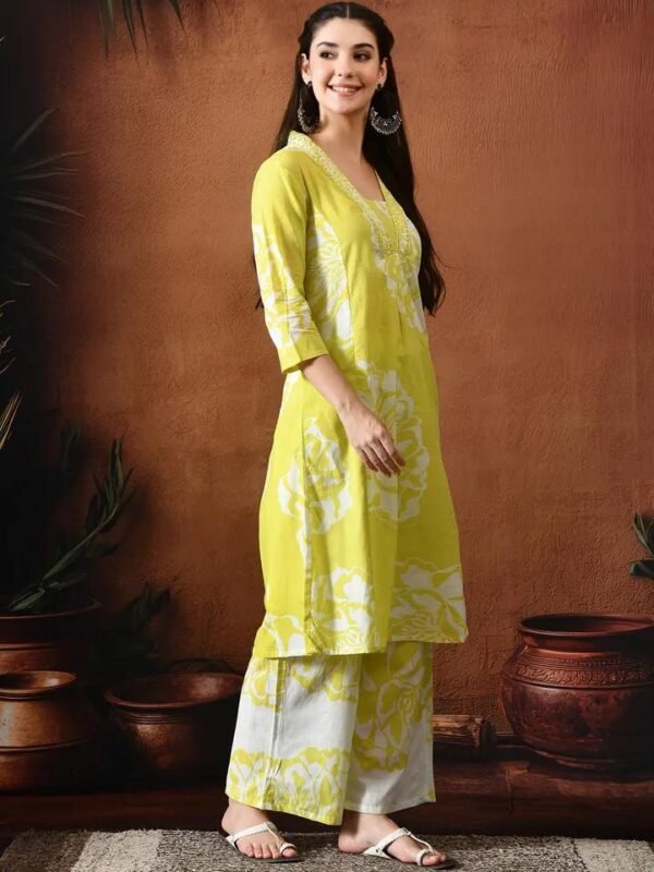 Floral Printed Thread Work Pure Cotton Straight Kurta With Palazzos & Dupatta