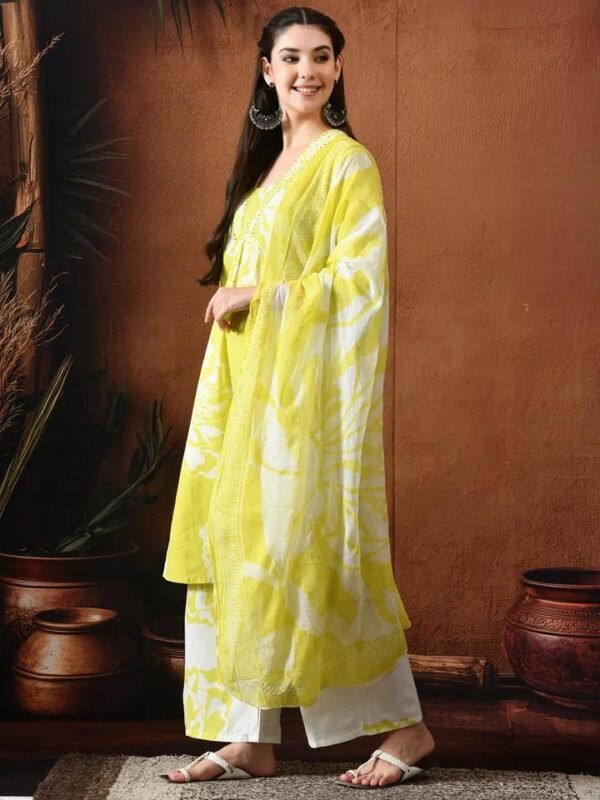 Floral Printed Thread Work Pure Cotton Straight Kurta With Palazzos & Dupatta