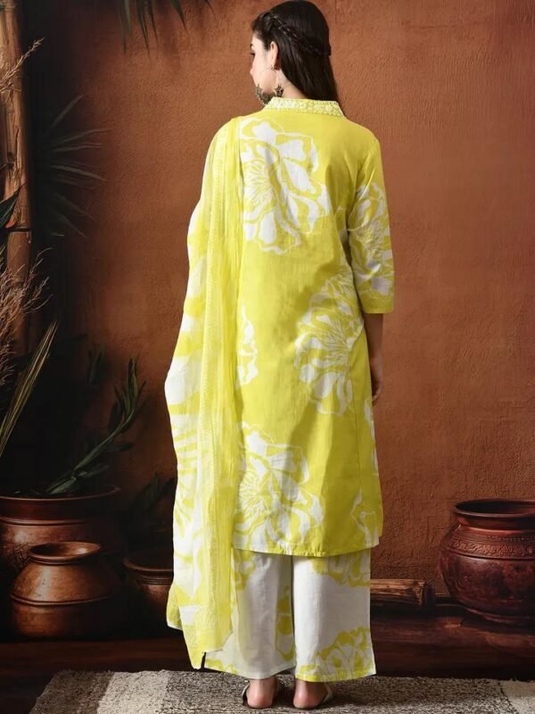 Floral Printed Thread Work Pure Cotton Straight Kurta With Palazzos & Dupatta