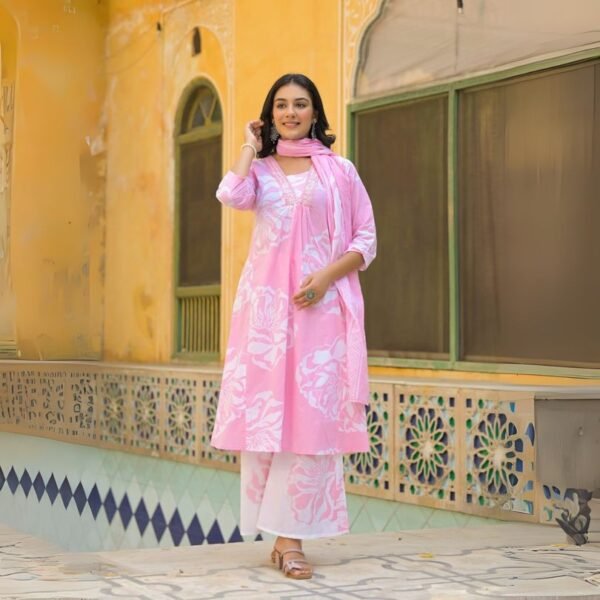 Floral Printed Thread Work Pure Cotton Straight Kurta With Palazzos & Dupatta