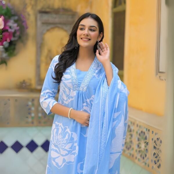 Floral Printed Thread Work Pure Cotton Straight Kurta With Palazzos & Dupatta