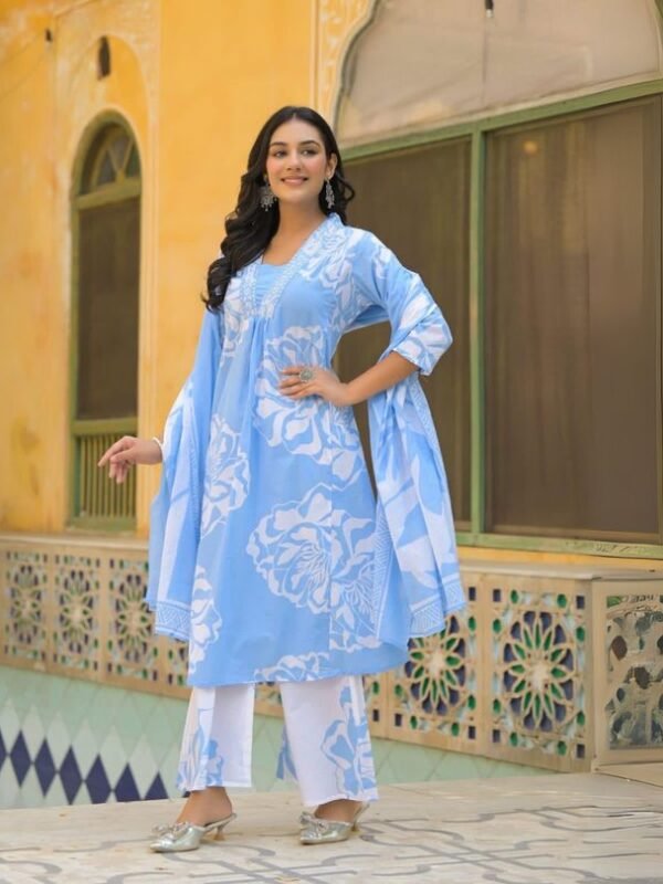 Floral Printed Thread Work Pure Cotton Straight Kurta With Palazzos & Dupatta