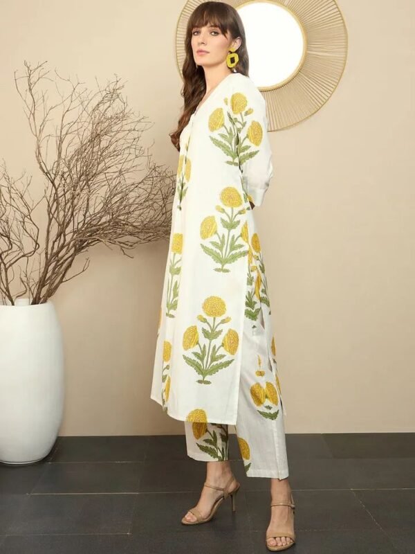 Yellow Pure Cotton Co-ord Set with Hand block prints