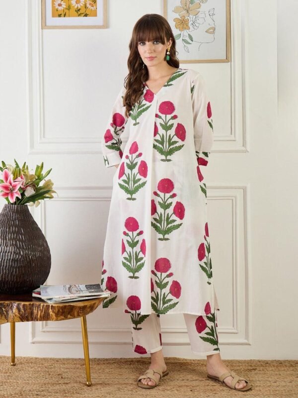 Pink Pure Cotton Co-ord Set with Hand block prints